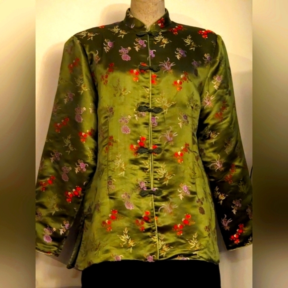 Vintage Green Satin Brocade Asian Jacket woman's  size XL - Picture 9 of 9